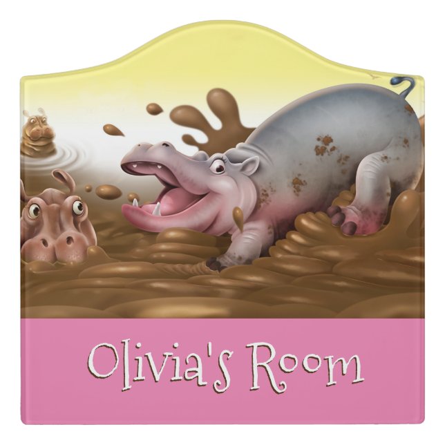 Girl's custom Bedroom sign Hippos in mud. (Large Crest Front)