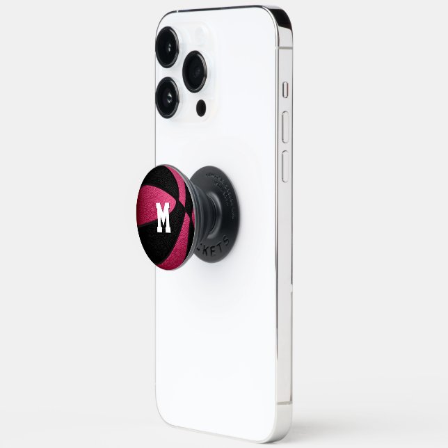 girls custom monogrammed pink black basketball PopSocket (Open)