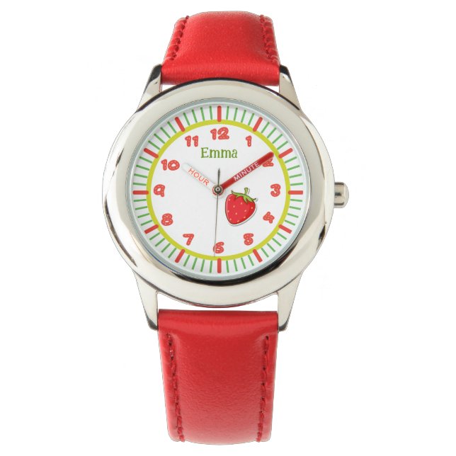 Girls Custom Name Cute Red Strawberry  Watch (Front)