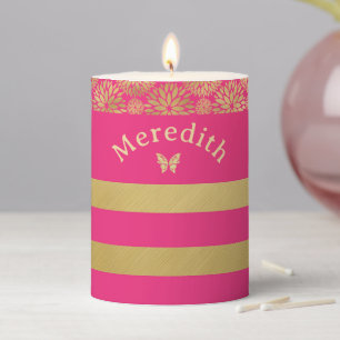 Girls Custom Name Pink & Gold Stripe Table Lamp Pillar Candle