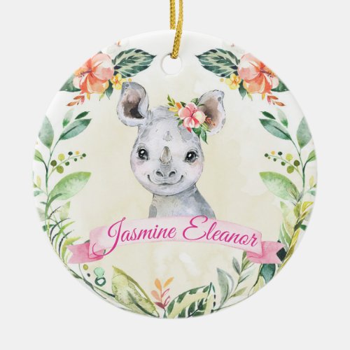 Girls Custom Rhino Safari Animal Cute Holiday Ceramic Ornament