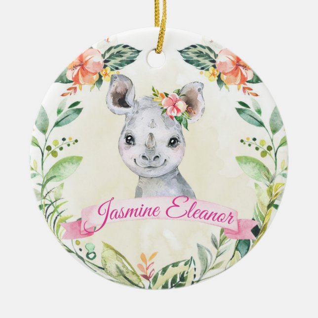Girls Custom Rhino Safari Animal Cute Holiday Ceramic Ornament (Front)