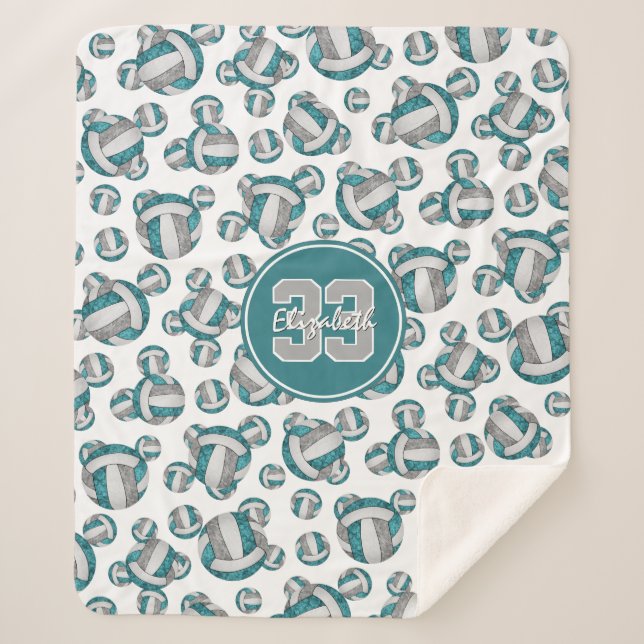 girls custom teal gray white volleyballs pattern sherpa blanket (Front)