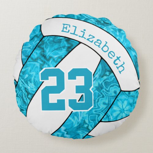 girls custom turquoise blue white volleyball round pillow