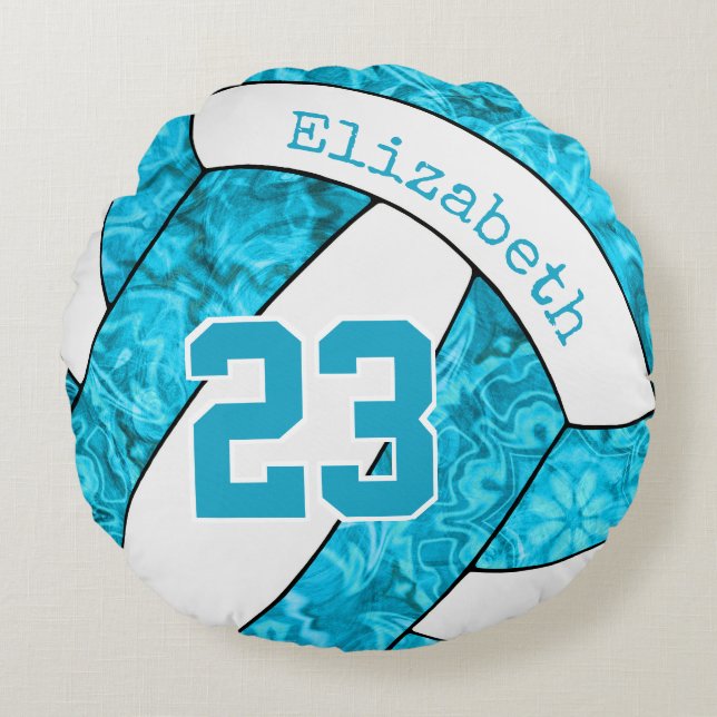 girls custom turquoise blue white volleyball round pillow (Front)