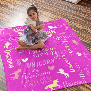 Girls Customizable Magical Unicorn Pink Yellow Fleece Blanket