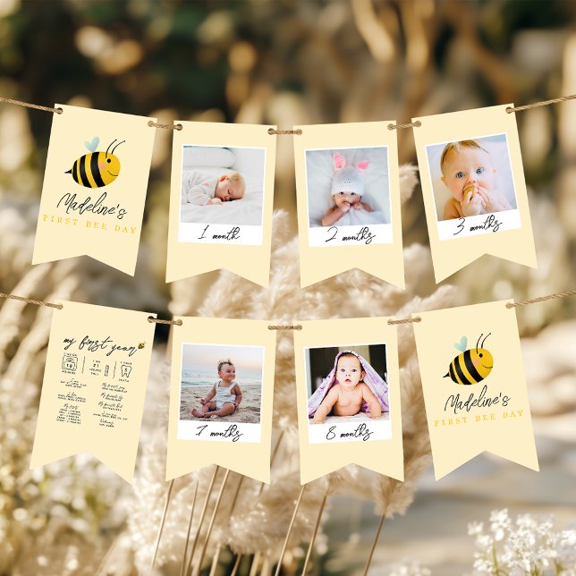 Girls Cute 1st Bee Day Birthday Milestone Photo  Bunting Flags (Creator Uploaded)