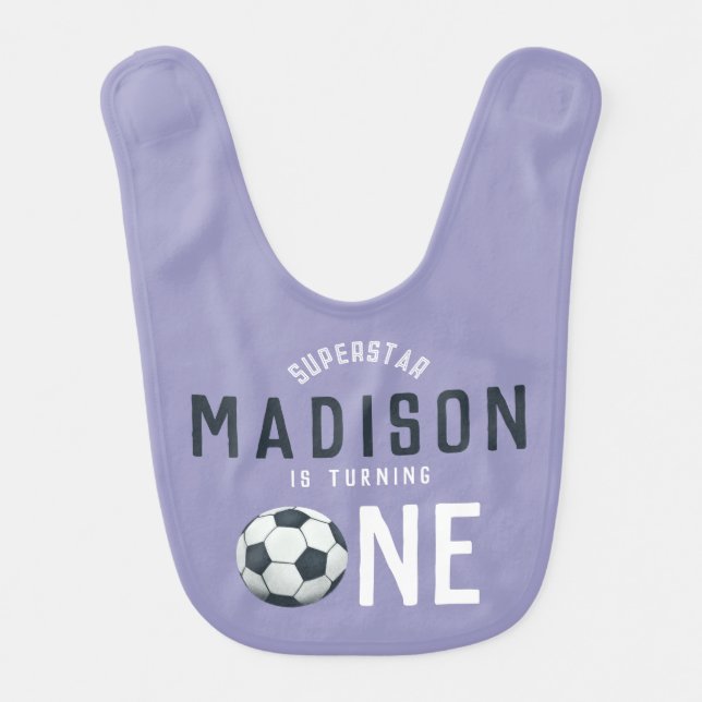 Girls Cute and Fun Purple Soccer 1st Birthday Baby Bib (Front)