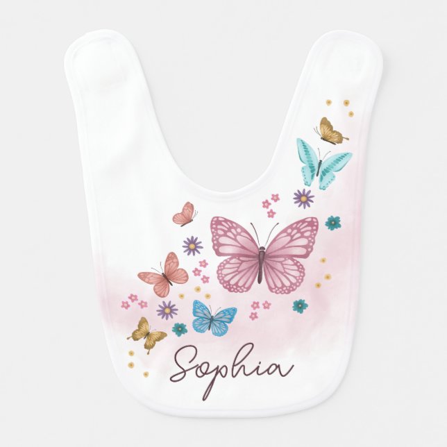 Girls Cute and Girly Pink Floral Butterfly Baby Bib (Front)