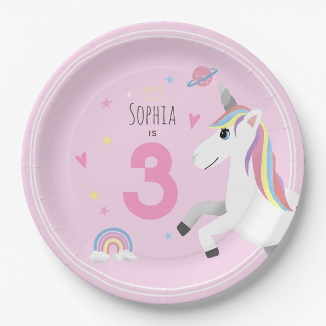 Girls Cute and Girly Pink Unicorn Kids Birthday Paper Plates (Front)