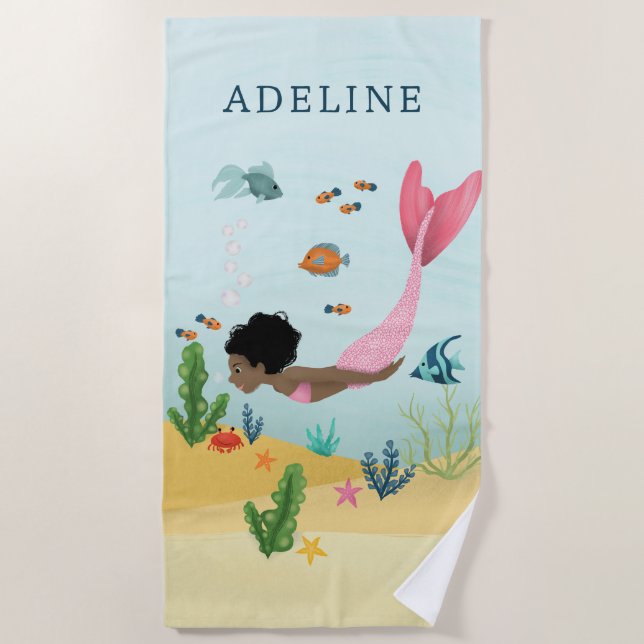 Girls Cute and Magical Pink Afro Mermaid Kids Beach Towel (Front)