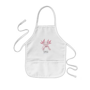 Girls Cute and Modern Pink Axolotl and Name Kids' Apron