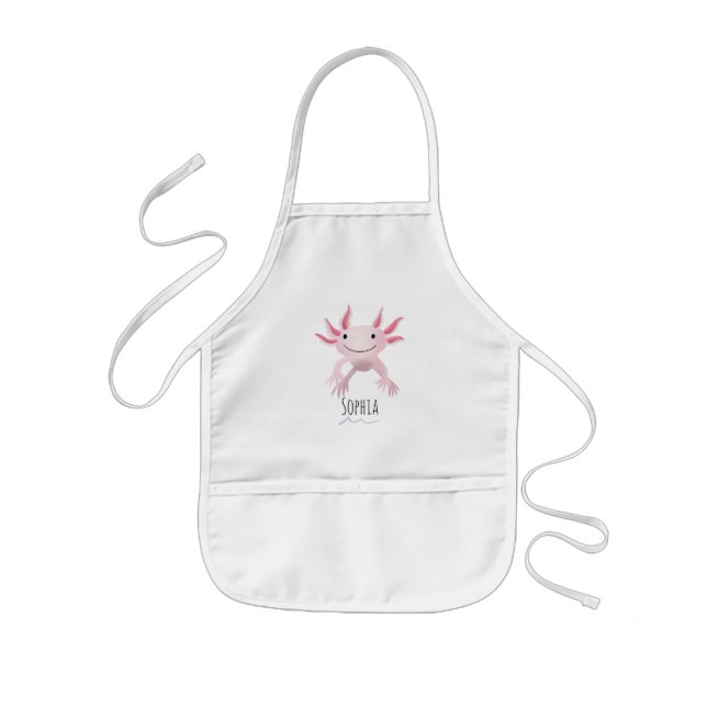 Girls Cute and Modern Pink Axolotl and Name Kids' Apron (Front)