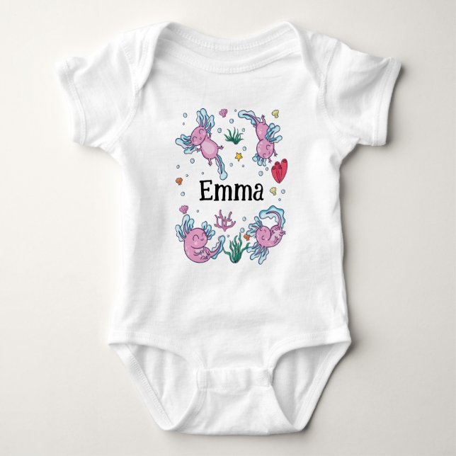 Girls Cute and Modern Pink Axolotl and Name Kids Baby Bodysuit (Front)