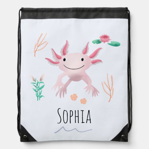 Girls Cute and Modern Pink Axolotl and Name Kids Drawstring Bag