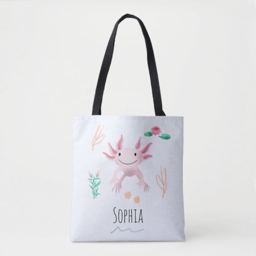 Girls Cute and Modern Pink Axolotl and Name Kids Tote Bag