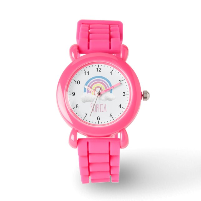 Girls Cute and Modern Pink Rainbow & Name Kids Watch (Front)