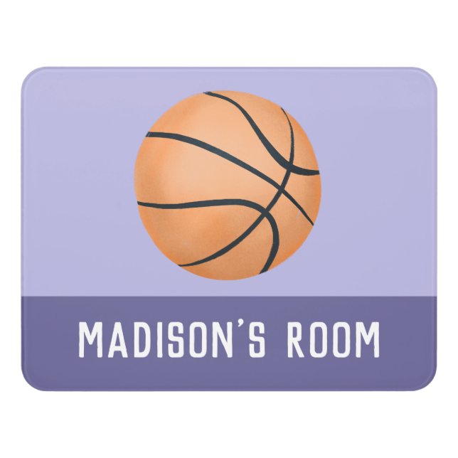 Girls Cute and Modern Purple Basketball Kids Door Sign (Contemporary Front)