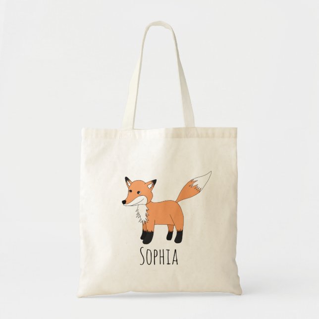 Girls Cute and Trendy Forest Fox and Name Kids Tote Bag (Front)