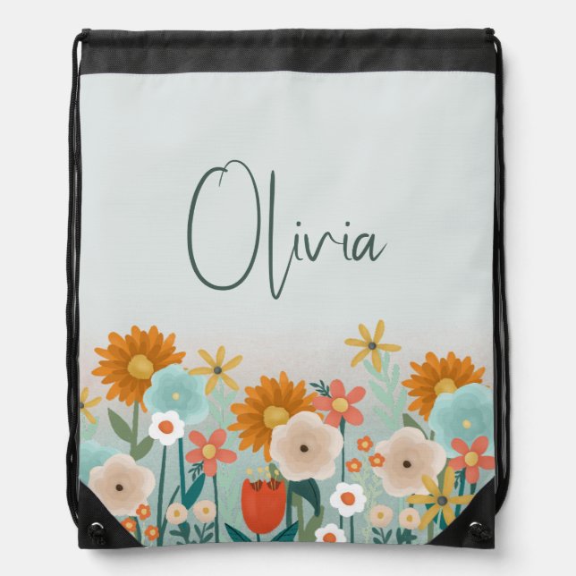 Girls Cute and Whimsical Floral Kids Drawstring Bag (Front)