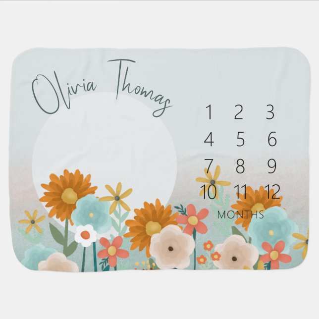 Girls Cute and Whimsical Floral Milestone Baby Blanket (Horizontal)