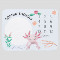 Girls Cute and Whimsical Pink Axolotl Milestone Baby Blanket