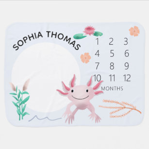 Girls Cute and Whimsical Pink Axolotl Milestone Baby Blanket