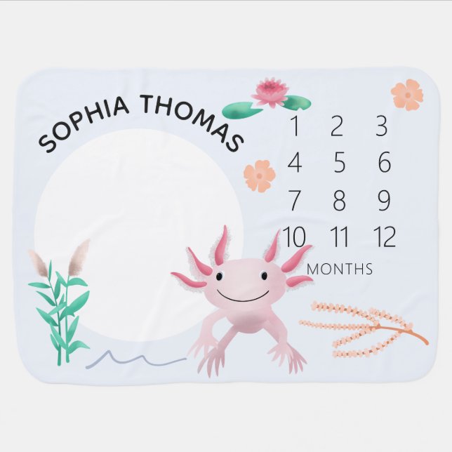 Girls Cute and Whimsical Pink Axolotl Milestone Baby Blanket (Horizontal)