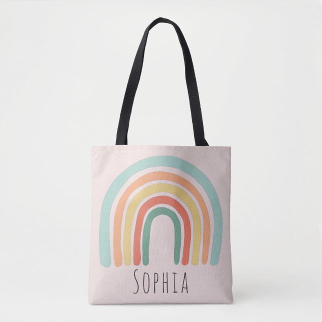 Girls Cute and Whimsical Pink Boho Rainbow Kids Tote Bag (Front)