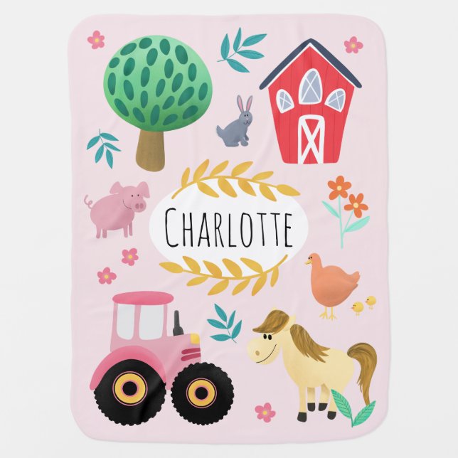 Girls Cute Animals and Pink Farm Tractor Baby Blanket (Front)