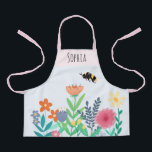 Girls Cute Bee and Flowers with Name Kids Apron<br><div class="desc">This cute and whimsical kids apron design features a unique bee and garden flower illustration and can be personalized with your girls name. The perfect gift for a little gardener!</div>