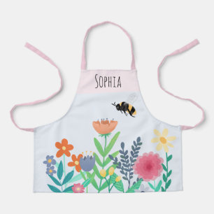 Girls Cute Bee and Flowers with Name Kids Apron