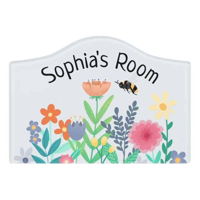 Girls Cute Bee and Flowers with Name Kids Floral Door Sign (Small Crest Front)