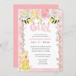 Girls Cute Bees and Honey Bear Baby Shower Invitation