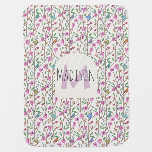 Girls Cute Birdies and Flowers Monogram Name Baby Blanket (Front)