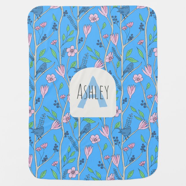 Girls Cute Birdies and Flowers Monogram Name Baby Blanket (Front)