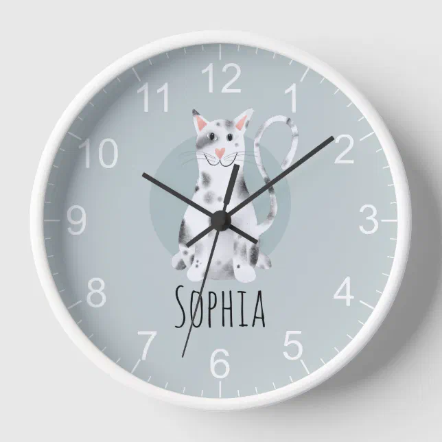 Girls Cute Black and White Cat Cartoon & Name Kids Clock | Zazzle