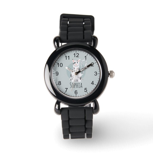 Girls Cute Black and White Cat Cartoon & Name Kids Watch (Front)
