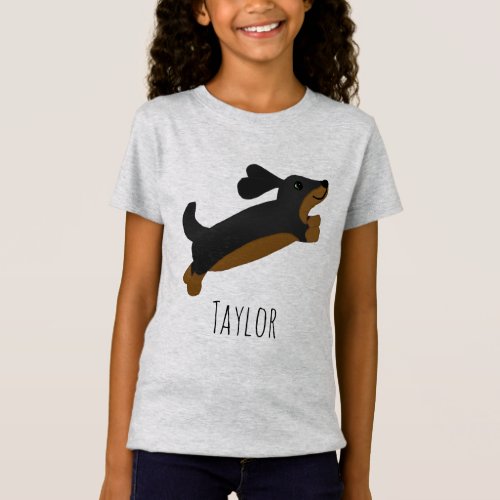Girls Cute Black Dachshund Dog Cartoon  Name Kids T_Shirt