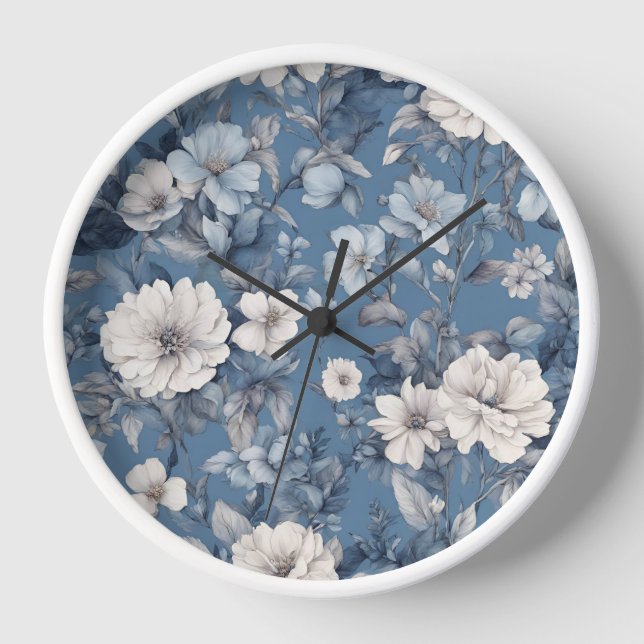 Girls Cute Blue Floral Botanical Clock (Front)