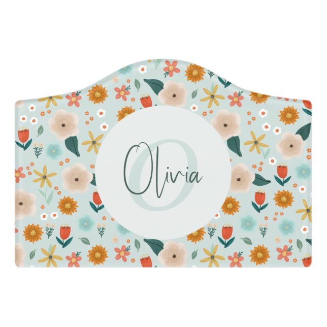 Girls Cute Blue Floral Botanical Kids Door Sign (Small Crest Front)