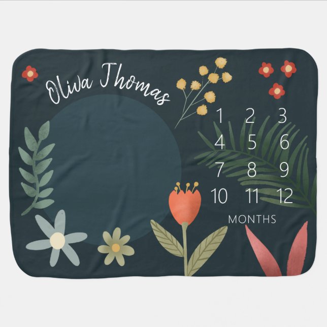 Girls Cute Blue Floral Botanical Milestone Baby Blanket (Horizontal)