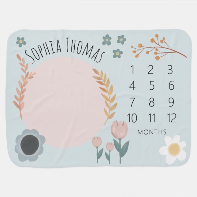 Girls Cute Blue Floral Pastel Botanical Milestone Baby Blanket (Horizontal)