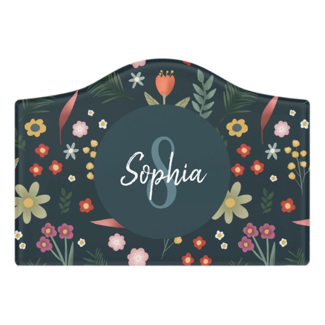 Girls Cute Blue Floral Print Botanical Kids Door Sign (Small Crest Front)