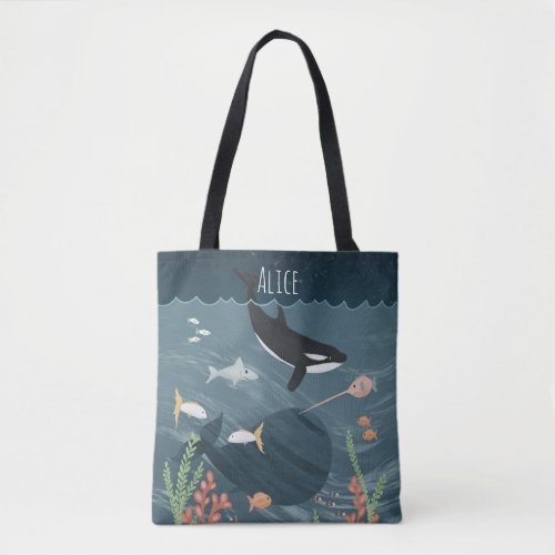 Girls Cute Blue Night Ocean Sea Whale Tote Bag