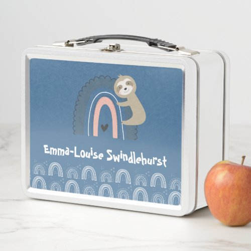 Girls Cute Blue Sloth Rainbow Metal Lunch Box