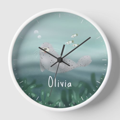 Girls Cute Blue Under the Sea Ocean Seal Kids Clock