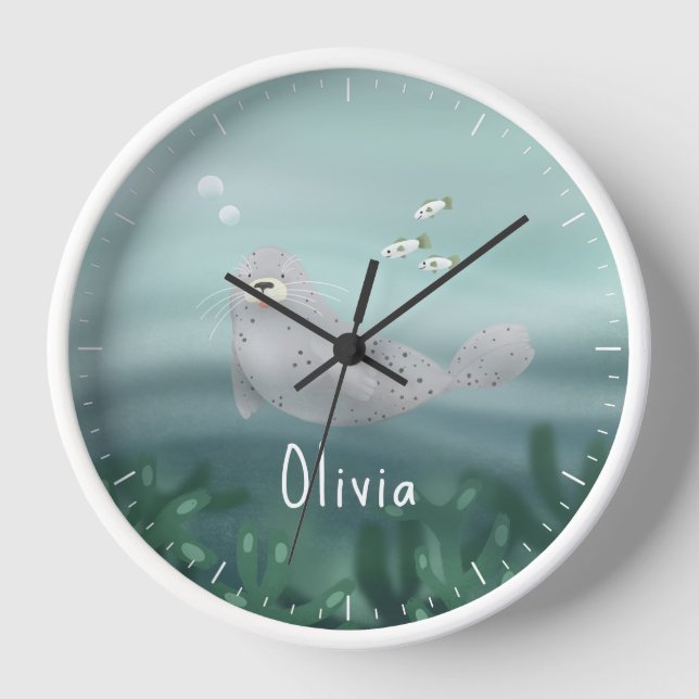Girls Cute Blue Under the Sea Ocean Seal Kids Clock (Front)