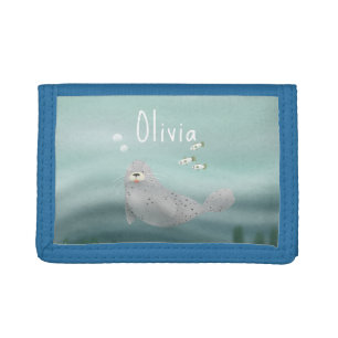 Girls Cute Blue Under the Sea Ocean Seal Kids Tri-fold Wallet