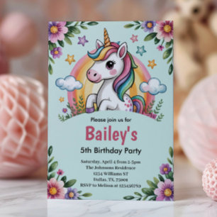 Girls Cute Blue Unicorn Kids Birthday Invitation